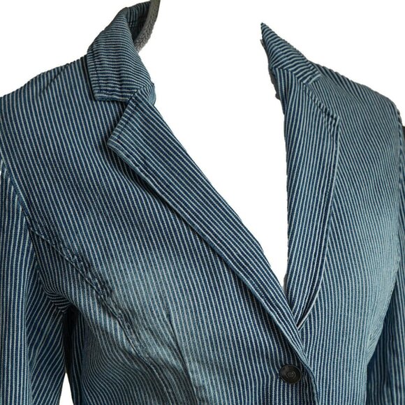 Valerie Bertinelli Y2k Denim Jacket Seersucker Stripe Retro 70s 2 Button Blazer - Picture 3 of 11